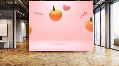 Autumn pumpkins with small hearts - Harvest and Thanksgiving theme - 3D render Wall mural