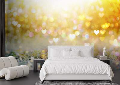 Beautiful shiny hearts and abstract lights background Wall mural