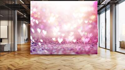 Beautiful shiny hearts and abstract lights background Wall mural