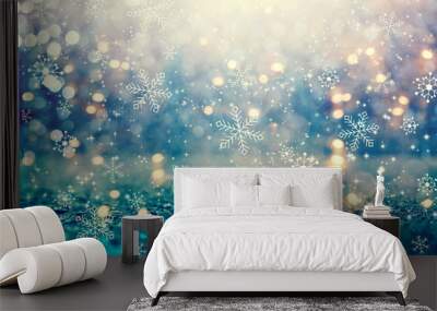 Beautiful snowflakes on an abstract shiny light background Wall mural