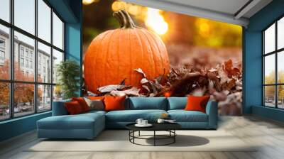 Big orange pumpkin with fall leaves at sunset Wall mural