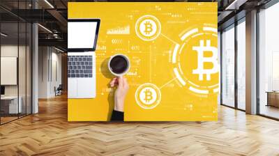 Bitcoin theme with person using a laptop computer Wall mural