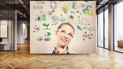 Business idea sketch  with young business woman Wall mural