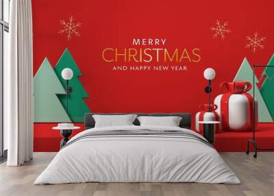 Christmas gift boxes with trees - 3D render Wall mural