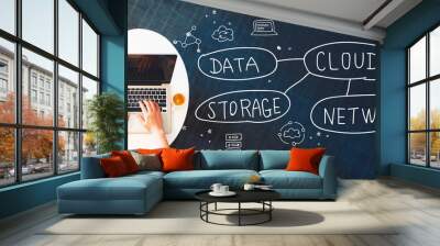 Cloud computing concept with person using a laptop on a white table Wall mural