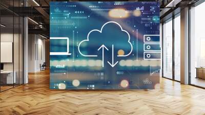 Cloud computing with blurred city abstract lights background Wall mural