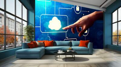 Cloud computing with hand pressing a button on a technology screen Wall mural