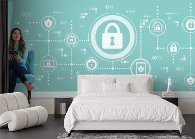 Cyber security with young woman holding a tablet computer Wall mural