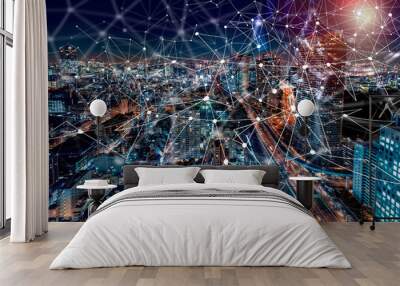 Digital Tech Circle with aerial view of Tokyo, Japan at night Wall mural