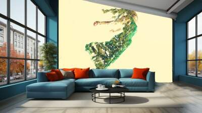 Double exposure of woman flying with leaves Wall mural