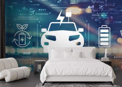 EV concept with blurred city abstract lights background Wall mural