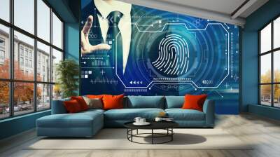 Fingerprint scanning theme with businessman on a dark blue background Wall mural