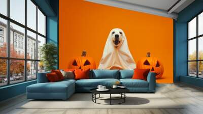 Funny dog wearing cute ghost halloween costume Wall mural