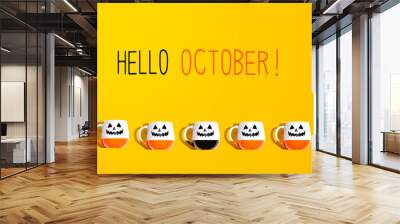 Hello October message with Halloween ghost mugs - flat lay Wall mural