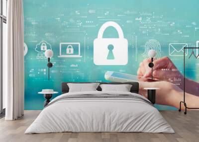 Internet network security concept with person holding a white smartphone Wall mural