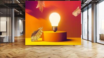 Light bulb on a podium with autumn leaves - 3D render Wall mural