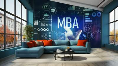 MBA with young man pointing on a dark background Wall mural