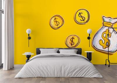 Money bag drawing - financial theme - flat lay Wall mural