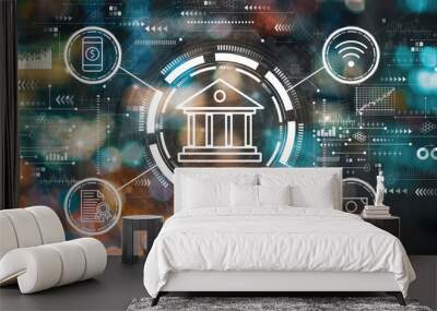 online banking concept with blurred city lights Wall mural