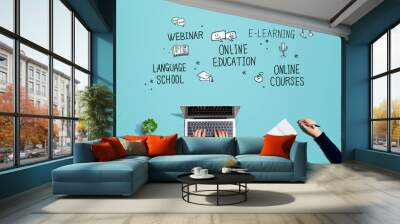 Online education theme with people working together with laptop and notebook Wall mural