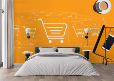 Online shopping theme with a computer keyboard and office items Wall mural