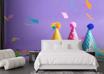 party hat celebration theme with confetti on a bright background Wall mural