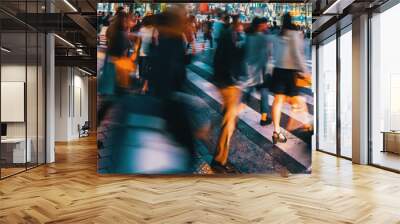 People and traffic cross the famous scramble intersection in Shibuya, Tokyo, Japan, one of the busiest crosswalks in the world Wall mural