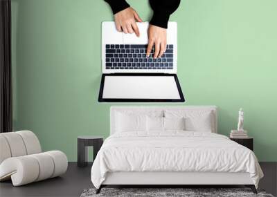 Person using a laptop computer on a solid color background Wall mural