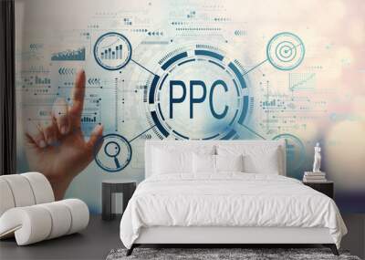 PPC - Pay per click concept with hand pressing a button on a technology screen Wall mural