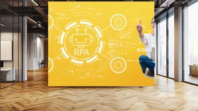 Robotic Process Automation RPA theme with young woman holding her laptop Wall mural