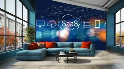 SaaS - software as a service concept with blurred city lights at night Wall mural