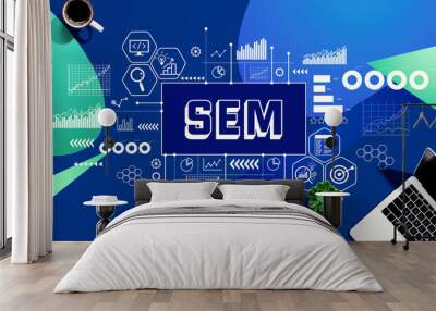 SEM - Search Engine Marketing theme with a laptop computer on a blue and green pattern background Wall mural