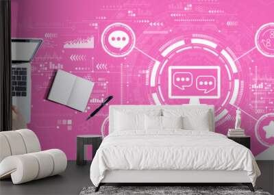 Social media theme with person using a laptop computer Wall mural