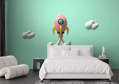 Space exploration theme with a rocket - 3D render Wall mural