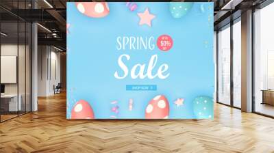 Spring sale message with Easter eggs with spring holiday pastel colors Wall mural