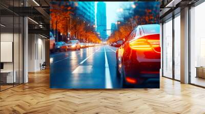 Street traffic in the city at dusk in the rain Wall mural