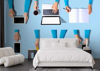 Technology devices and office supplies from above Wall mural