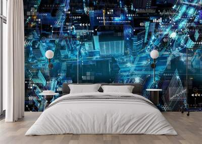 Technology screen with aerial view of urban city at night Wall mural