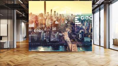 Virtual icons and graphs with the New York City skyline near midtown Wall mural