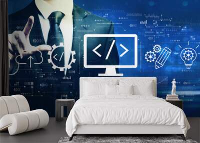 Web development concept with businessman on a dark blue background Wall mural