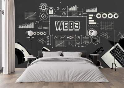 Web3 theme with electronic gadgets and office supplies - flat lay Wall mural