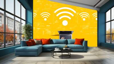 Wifi theme with person working with a laptop Wall mural