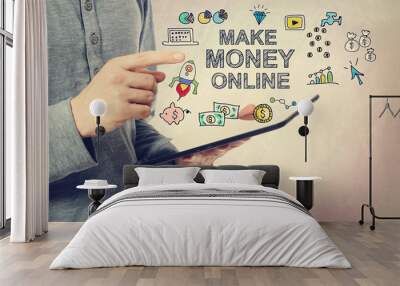 Young man pointing at Make Money Online concept Wall mural