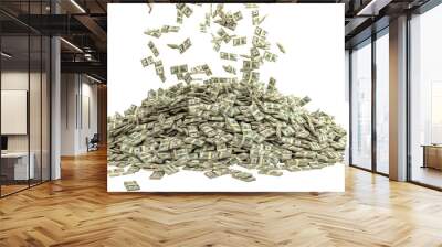 bundles of dollars fall and form a pile isolated on white Wall mural