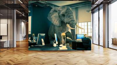 elephant sitting inside an office. concept of unsolved problems. Wall mural