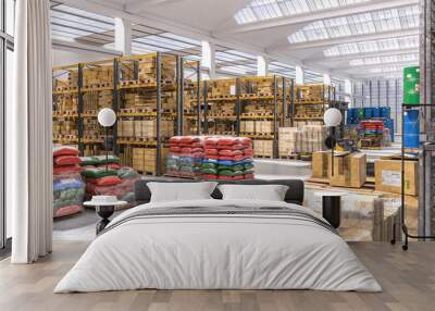 industrial warehouse with shelves full of different goods. Wall mural