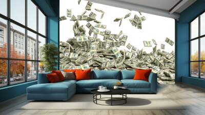 Pile of cash with money falling on transparent background Wall mural