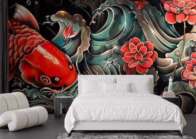 Vibrant koi fish in traditional asian art style Wall mural