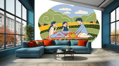 A young family - dad mom and daughter on a picnic. Vector illustration in cartoon style. Wall mural