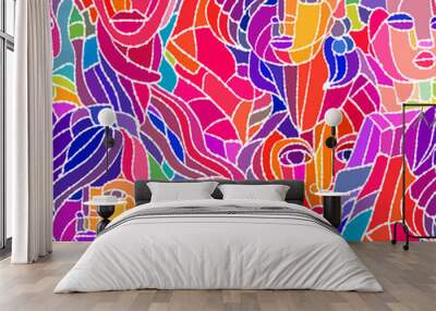 Seamless pattern with abstract people's faces. Mosaic pattern. Wall mural